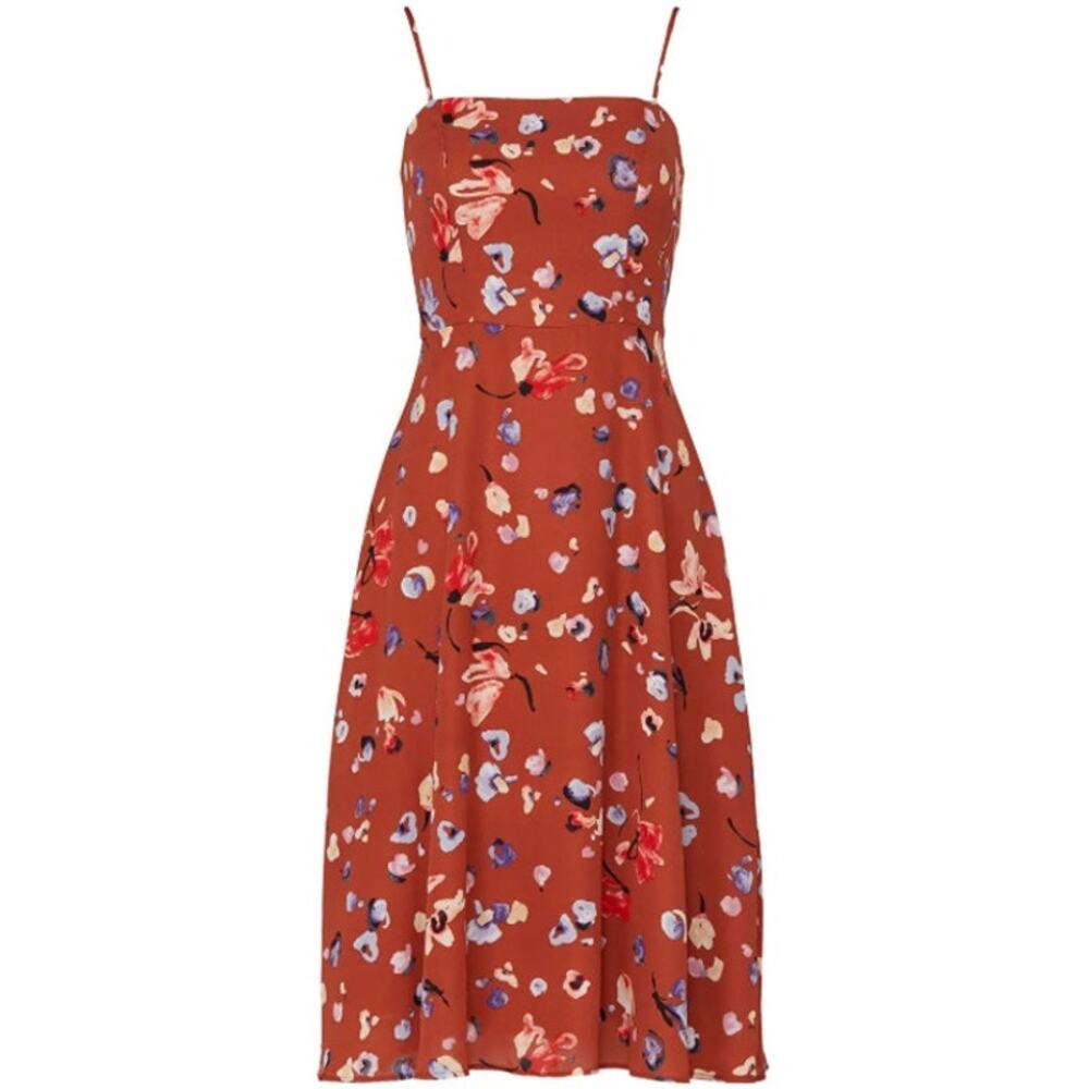 Hutch Declan Floral Midi Dress Women’s Size 2 Brown Sleeveless Square‎ Neckline